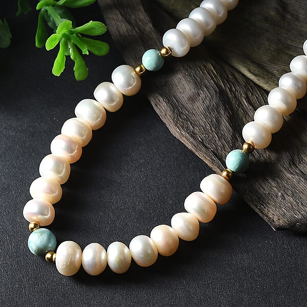 Shop Lc Freshwater Pearl And Larimar 10.00 Ctw Necklace 18 Inches In 18K Vermeil Yellow Gold Over Sterling Silver