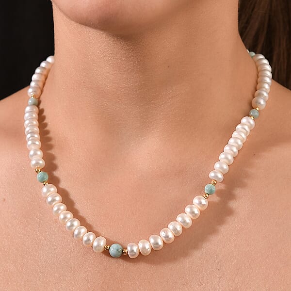 Shop Lc Freshwater Pearl And Larimar 10.00 Ctw Necklace 18 Inches In 18K Vermeil Yellow Gold Over Sterling Silver