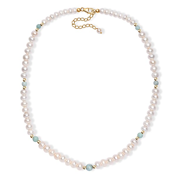 Shop Lc Freshwater Pearl And Larimar 10.00 Ctw Necklace 18 Inches In 18K Vermeil Yellow Gold Over Sterling Silver