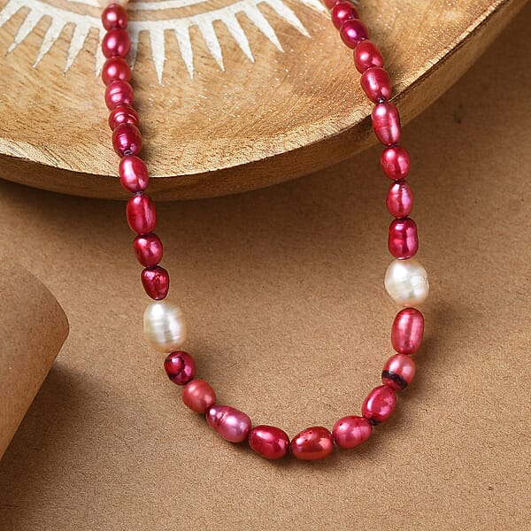 Shop Lc Freshwater Pearl And Red Dyed Freshwater Pearl Necklace In Stainless Steel 18 Inches