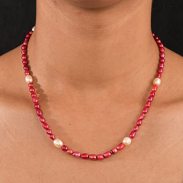 Shop Lc Freshwater Pearl And Red Dyed Freshwater Pearl Necklace In Stainless Steel 18 Inches