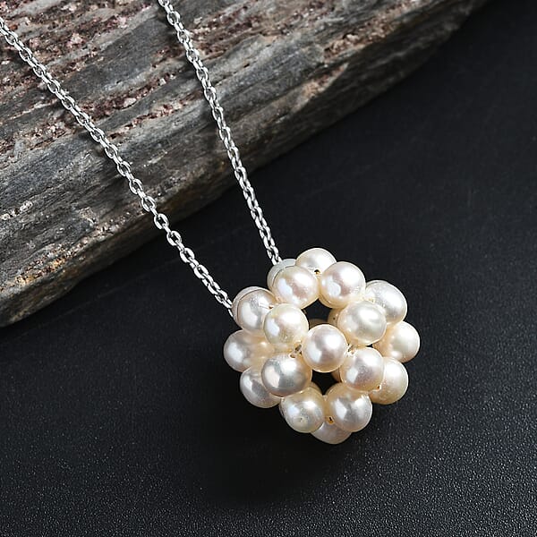 Shop Lc Freshwater Pearl Floral Necklace In Rhodium Over Sterling Silver 20 Inches