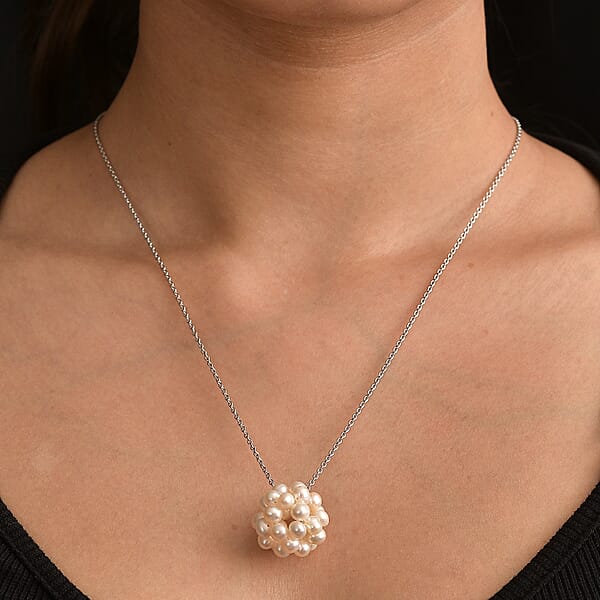 Shop Lc Freshwater Pearl Floral Necklace In Rhodium Over Sterling Silver 20 Inches