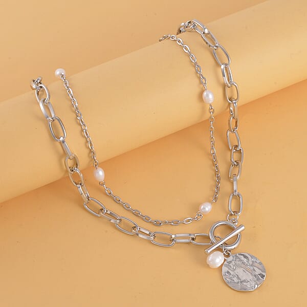 Shop Lc Freshwater Pearl Set Of 2 Station And Paper Clip Chain Necklace Inches In Silvertone 20 & 22