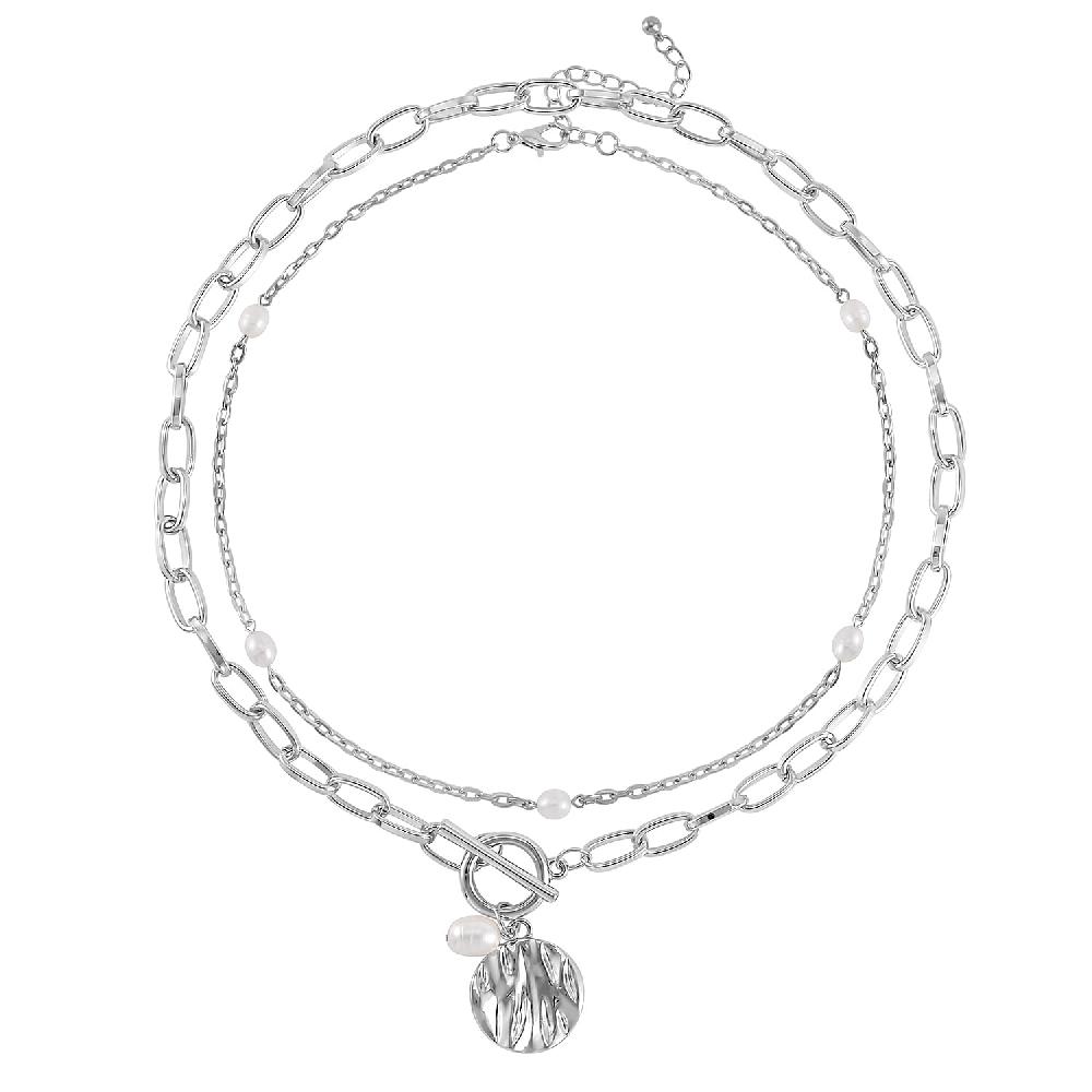 shop lc Freshwater Pearl Set of 2 Station and Paper Clip Chain Necklace Inches in Silvertone 20 & 22