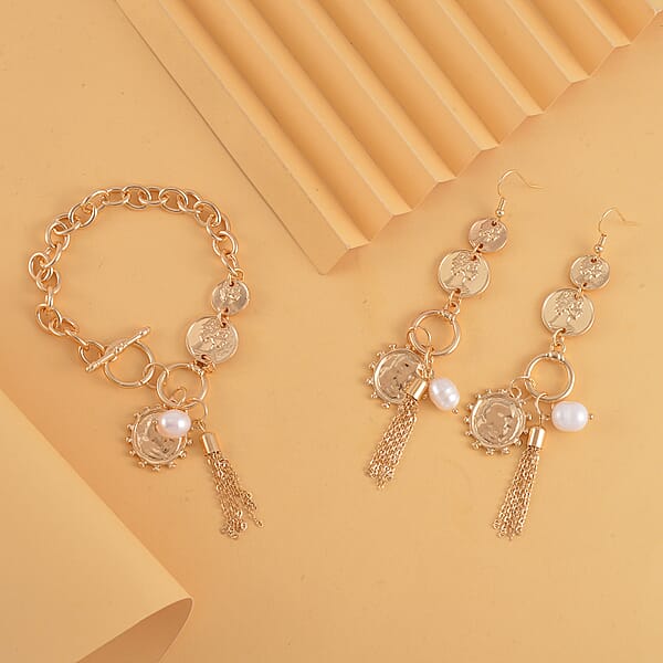 Shop Lc Freshwater Pearl Toggle Clasp Bracelet (7.50In) And Dangle Earrings In Goldtone