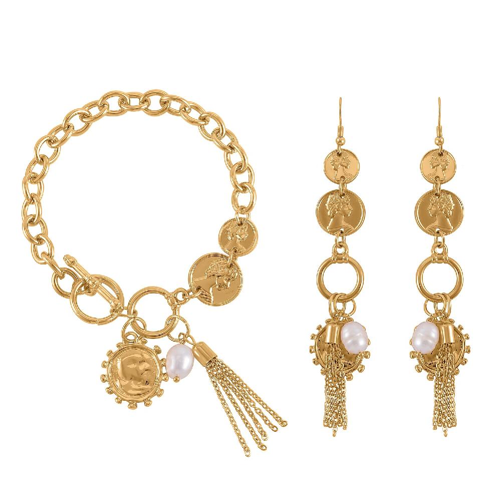 shop lc Freshwater Pearl Toggle Clasp Bracelet (7.50In) and Dangle Earrings in Goldtone