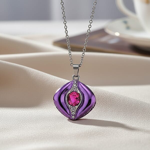 Shop Lc Fuchsia Glass Austrian Crystal Enameled Pendant Necklace In Stainless Steel (20 Inches)
