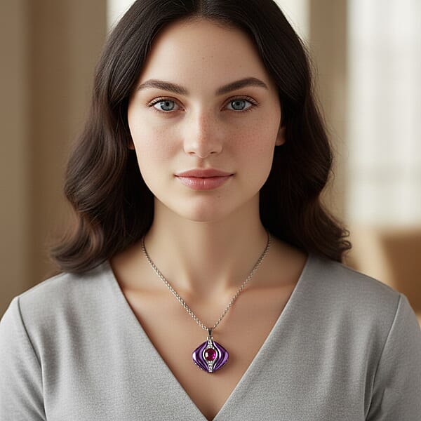 Shop Lc Fuchsia Glass Austrian Crystal Enameled Pendant Necklace In Stainless Steel (20 Inches)