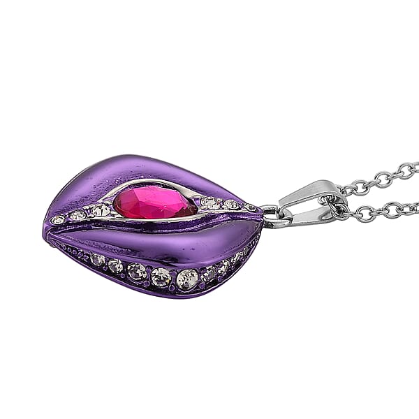 Shop Lc Fuchsia Glass Austrian Crystal Enameled Pendant Necklace In Stainless Steel (20 Inches)