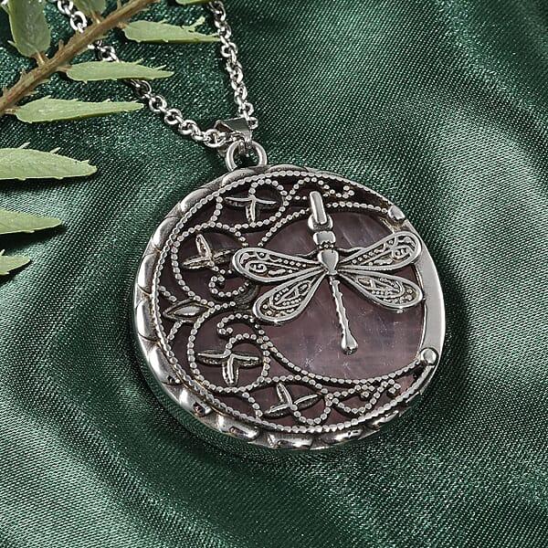 Shop Lc Galilea Rose Quartz 55.00 Ctw Dragonfly Pendant Necklace In Black Oxidized Stainless Steel 20 Inches