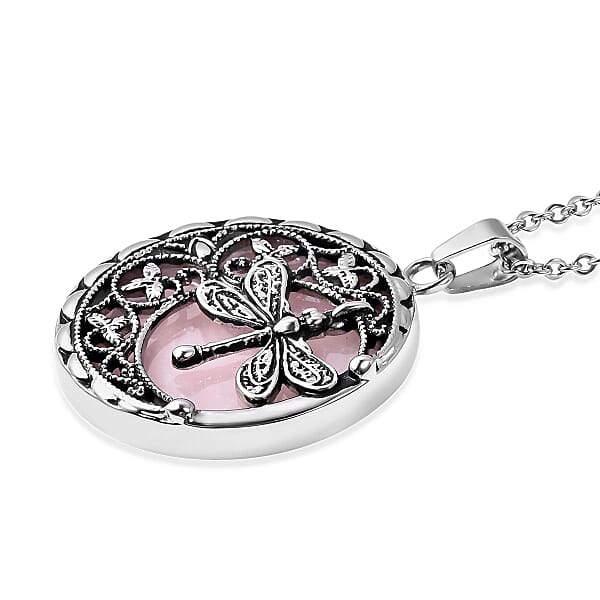 Shop Lc Galilea Rose Quartz 55.00 Ctw Dragonfly Pendant Necklace In Black Oxidized Stainless Steel 20 Inches