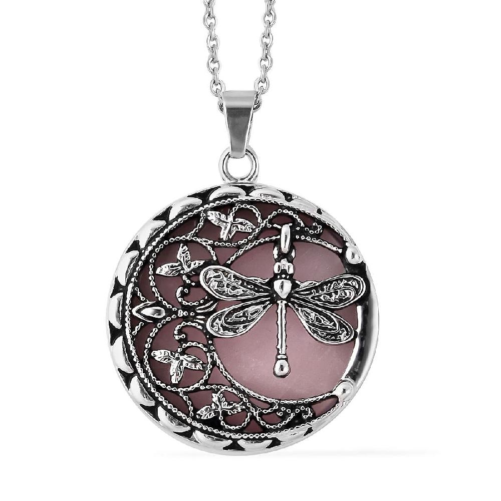 shop lc Galilea Rose Quartz 55.00 ctw Dragonfly Pendant Necklace in Black Oxidized Stainless Steel 20 Inches