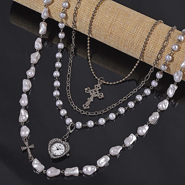 Shop Lc Genoa Austrian Crystal And Simulated Pearl Japanese Movement Pocket Watch With 4 Layer Chain (17 24 And 34 Inches)