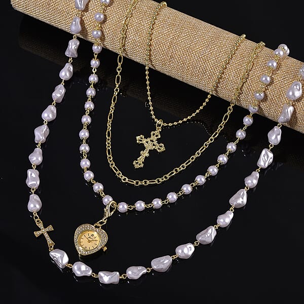 Shop Lc Genoa Austrian Crystal And Simulated Pearl Japanese Movement Pocket Watch With 4 Layer Chain (17 24 And 34 Inches)