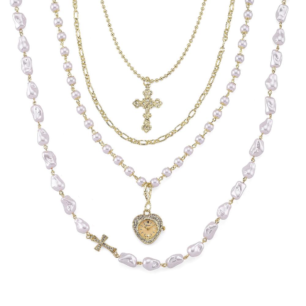 shop lc Genoa Austrian Crystal and Simulated Pearl Japanese Movement Pocket Watch with 4 Layer Chain (17 24 and 34 Inches)