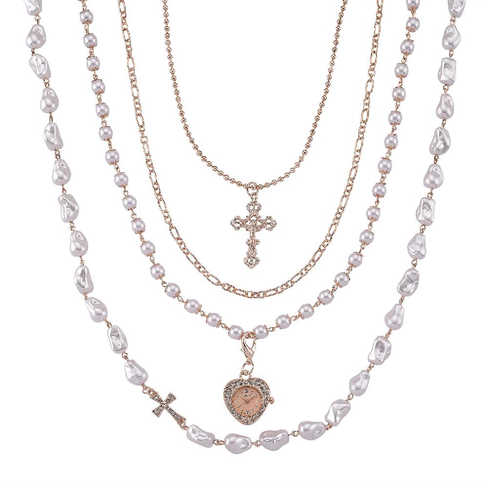 shop lc Genoa Austrian Crystal and Simulated Pearl Japanese Movement Pocket Watch with 4 Layer Chain (17 24 and 34 Inches)