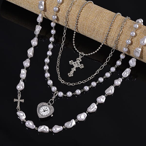 Shop Lc Genoa Austrian Crystal And Simulated Pearl Japanese Movement Pocket Watch With 4 Layer Chain (17 24 And 34 Inches)
