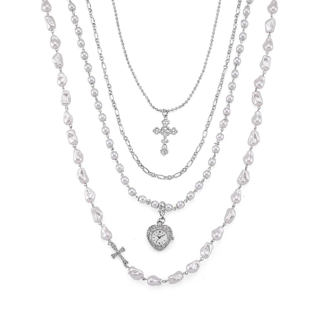 shop lc Genoa Austrian Crystal and Simulated Pearl Japanese Movement Pocket Watch with 4 Layer Chain (17 24 and 34 Inches)