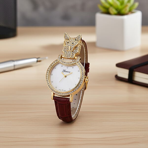 Shop Lc Genoa Austrian Crystal Black Enameled Miyota Japanese Movement Leopard Head Watch With Wine Red Leather Strap