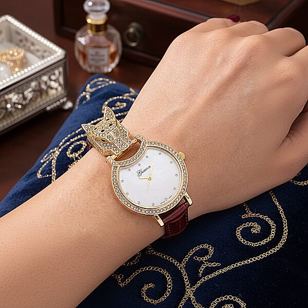 Shop Lc Genoa Austrian Crystal Black Enameled Miyota Japanese Movement Leopard Head Watch With Wine Red Leather Strap