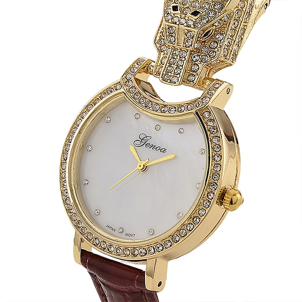 Shop Lc Genoa Austrian Crystal Black Enameled Miyota Japanese Movement Leopard Head Watch With Wine Red Leather Strap