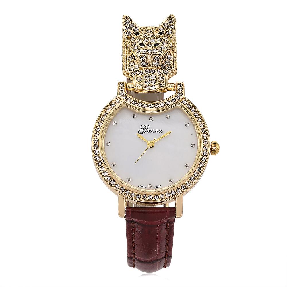 shop lc Genoa Austrian Crystal Black Enameled Miyota Japanese Movement Leopard Head Watch with Wine Red Leather Strap