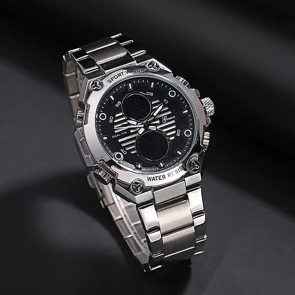 Shop Lc Genoa Japanese And Electronic Movement Multifunctional Key Silver Dial Watch In Stainless Steel Strap