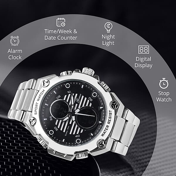 Shop Lc Genoa Japanese And Electronic Movement Multifunctional Key Silver Dial Watch In Stainless Steel Strap