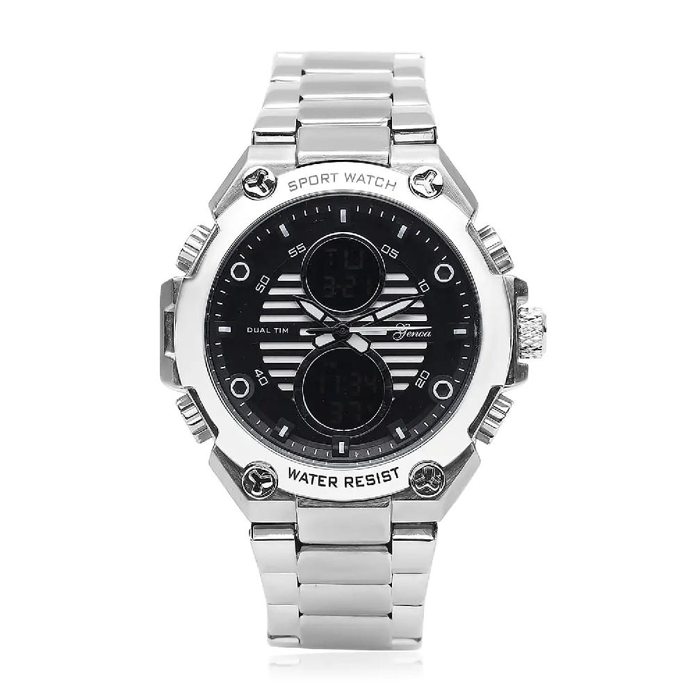 shop lc Genoa Japanese and Electronic Movement Multifunctional Key Silver Dial Watch in Stainless Steel Strap