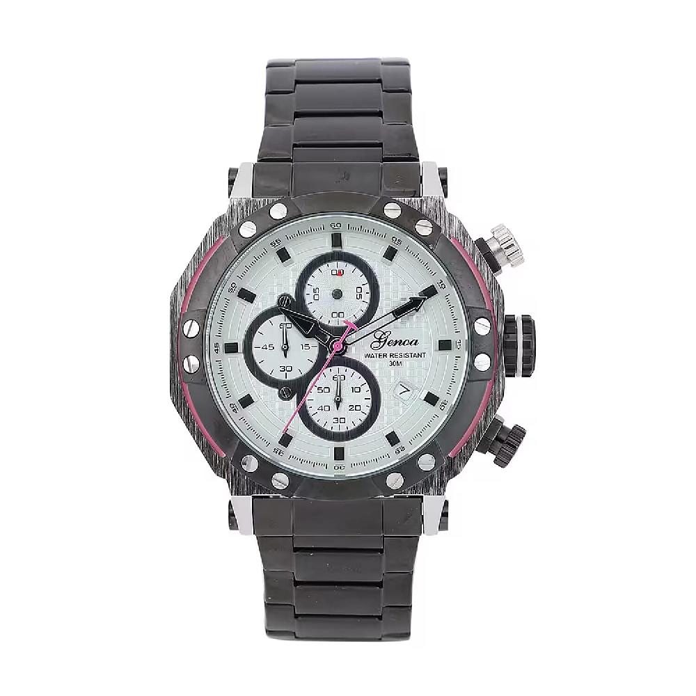 shop lc Genoa Multi-Functional Quartz Movement Watch with White Dial & ION Plated Black Stainless Steel Strap (49 mm)