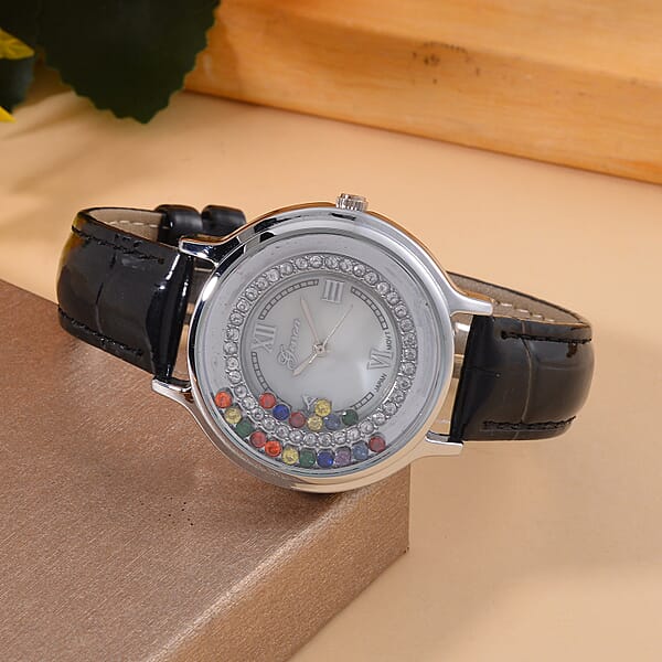 Shop Lc Genoa Simulated Multi Color Diamond Miyota Japanese Movement Watch With Black Genuine Leather Strap (36mm) (6.0-8.0 Inches) 0.30 Ctw