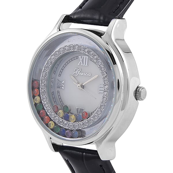 Shop Lc Genoa Simulated Multi Color Diamond Miyota Japanese Movement Watch With Black Genuine Leather Strap (36mm) (6.0-8.0 Inches) 0.30 Ctw
