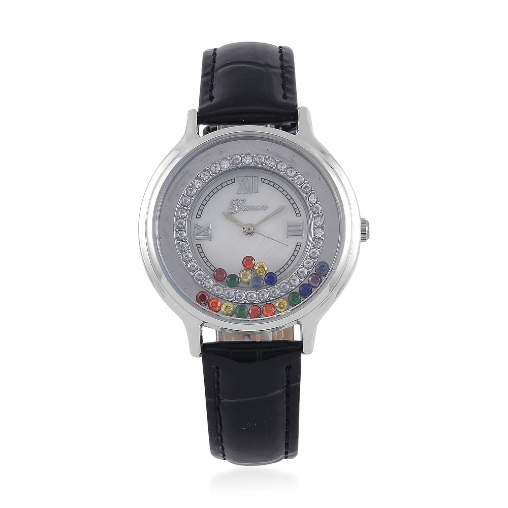 shop lc Genoa Simulated Multi Color Diamond Miyota Japanese Movement Watch with Black Genuine Leather Strap (36mm) (6.0-8.0 Inches) 0.30 ctw