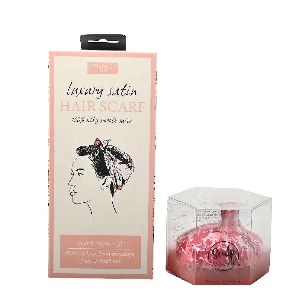 shop lc GeorgiaLane Silky Satin Hair Scarf in Vintage Lily Design and BellaBeauty Scalp Massager in Floral Print