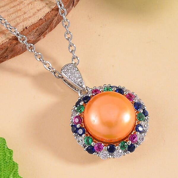 Shop Lc Golden Freshwater Cultured Pearl And Simulated Multi Color Diamond Pendant In Silvertone With Stainless Steel Necklace 20 Inches