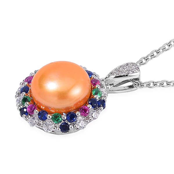 Shop Lc Golden Freshwater Cultured Pearl And Simulated Multi Color Diamond Pendant In Silvertone With Stainless Steel Necklace 20 Inches
