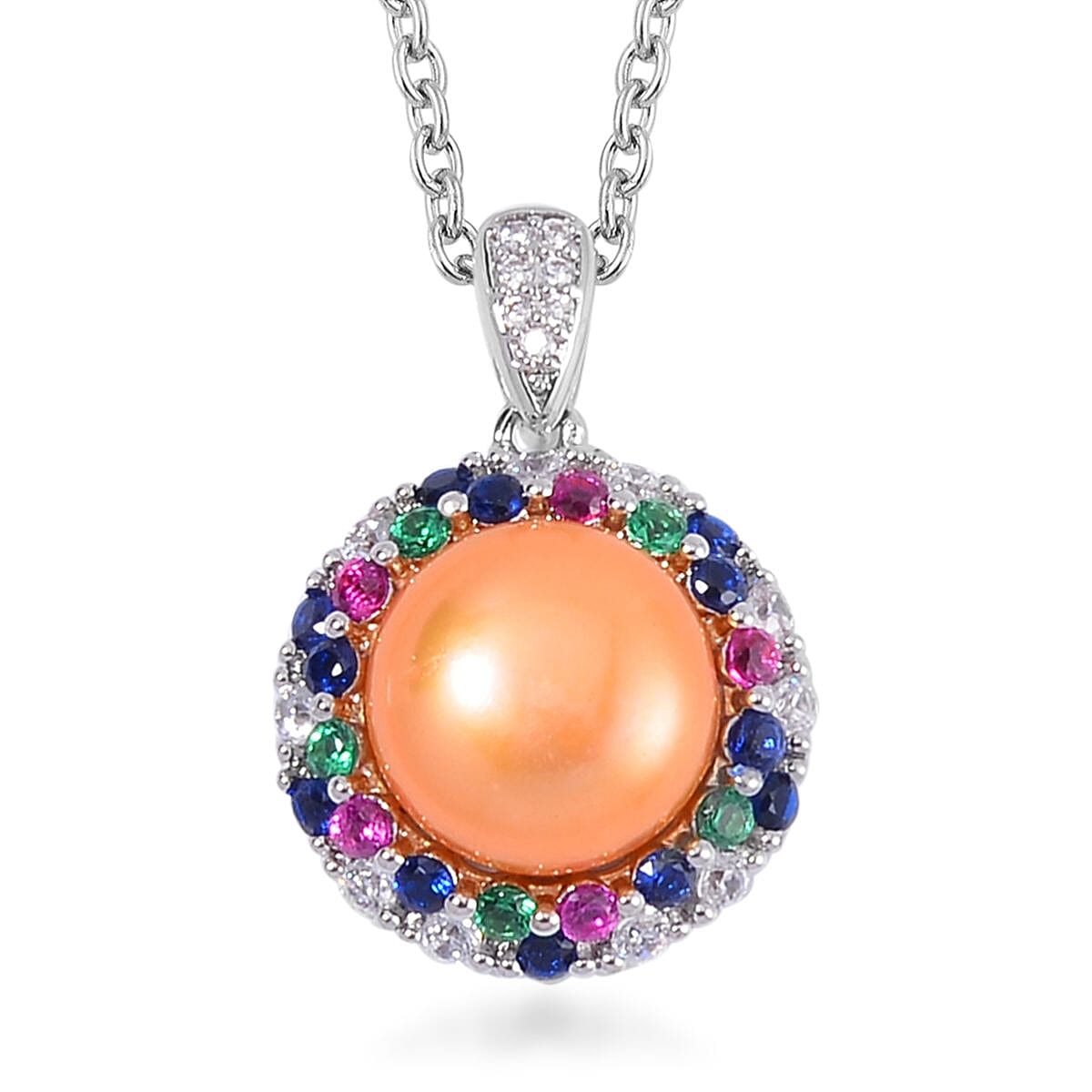 shop lc Golden Freshwater Cultured Pearl and Simulated Multi Color Diamond Pendant in Silvertone with Stainless Steel Necklace 20 Inches