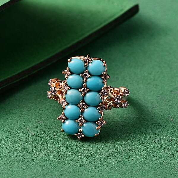 Shop Lc GP Capri Collection Sleeping Beauty Turquoise White Zircon Ring In 18K Vermeil YG Over Sterling Silver 4.00 Ctw