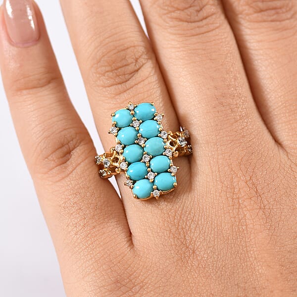 Shop Lc GP Capri Collection Sleeping Beauty Turquoise White Zircon Ring In 18K Vermeil YG Over Sterling Silver 4.00 Ctw