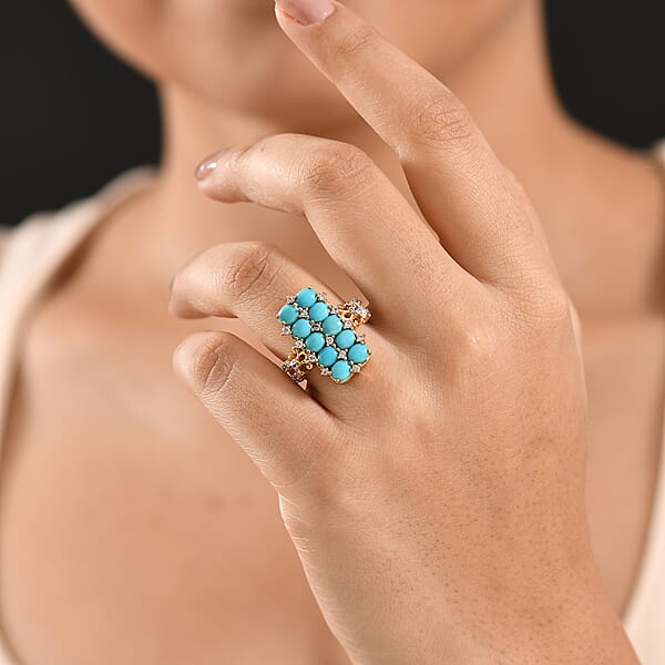 Shop Lc GP Capri Collection Sleeping Beauty Turquoise White Zircon Ring In 18K Vermeil YG Over Sterling Silver 4.00 Ctw