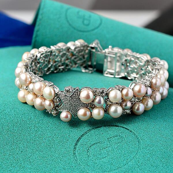 Shop Lc GP Capri Special Collection Freshwater Pearl And White Zircon 10.50 Ctw Bracelet In Rhodium Over Sterling Silver (7.25 In)