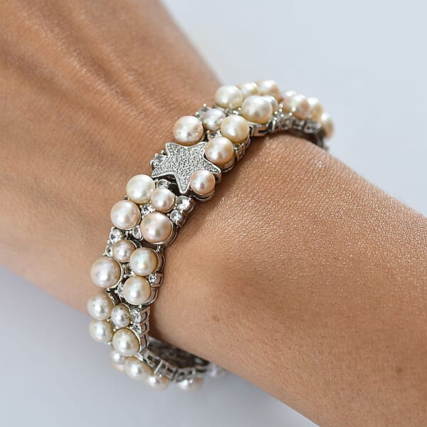 Shop Lc GP Capri Special Collection Freshwater Pearl And White Zircon 10.50 Ctw Bracelet In Rhodium Over Sterling Silver (7.25 In)