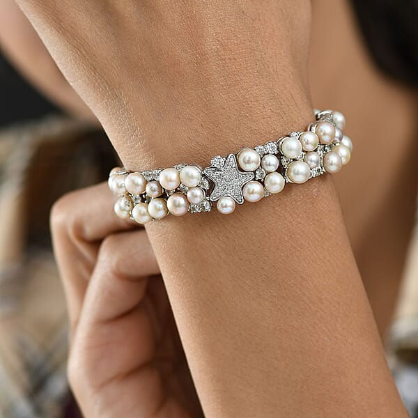 Shop Lc GP Capri Special Collection Freshwater Pearl And White Zircon 10.50 Ctw Bracelet In Rhodium Over Sterling Silver (7.25 In)