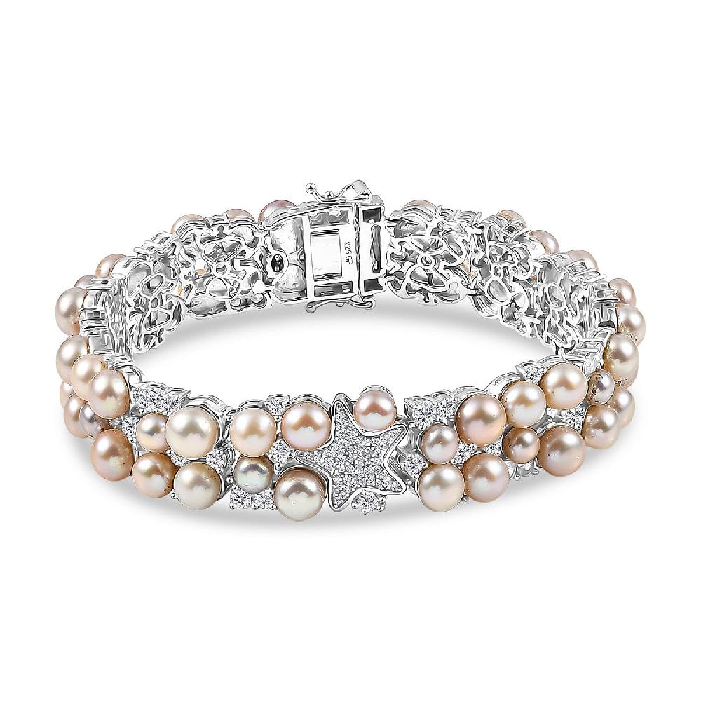 shop lc GP Capri Special Collection Freshwater Pearl and White Zircon 10.50 ctw Bracelet in Rhodium Over Sterling Silver (7.25 In)