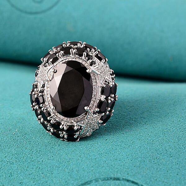 Shop Lc GP Celestial Dream Collection Thai Black Spinel And White Zircon 16.10 Ctw Ring In Rhodium Over Sterling Silver