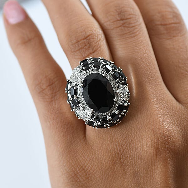 Shop Lc GP Celestial Dream Collection Thai Black Spinel And White Zircon 16.10 Ctw Ring In Rhodium Over Sterling Silver
