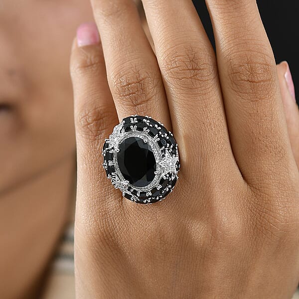 Shop Lc GP Celestial Dream Collection Thai Black Spinel And White Zircon 16.10 Ctw Ring In Rhodium Over Sterling Silver