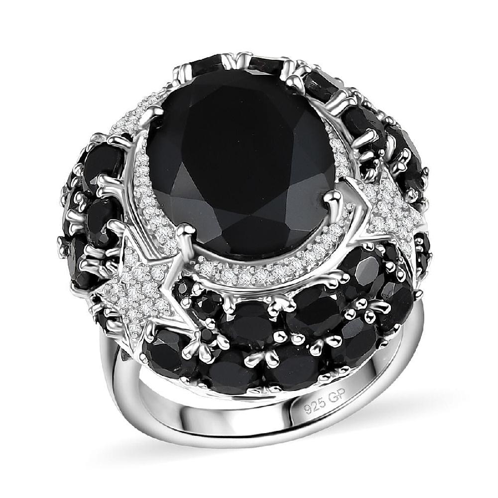 shop lc GP Celestial Dream Collection Thai Black Spinel and White Zircon 16.10 ctw Ring in Rhodium Over Sterling Silver