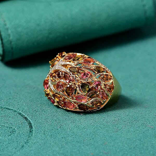 Shop Lc GP Italian Garden Collection Multi-Tourmaline And White Zircon 3.90 Ctw Tree Of Life Ring In 18K Vermeil Yellow Gold Over Sterling Silver